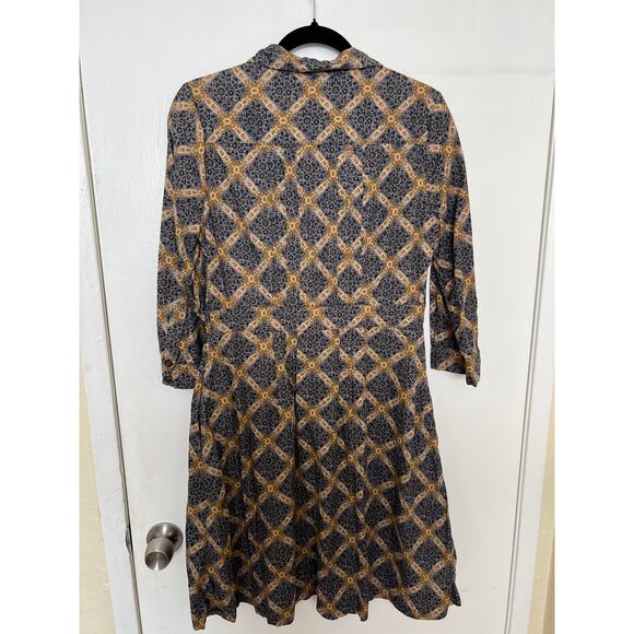 Maeve Button Front Collared Dress Gray Mustard Print Cotton Retro Boho Prairie - Picture 2 of 15